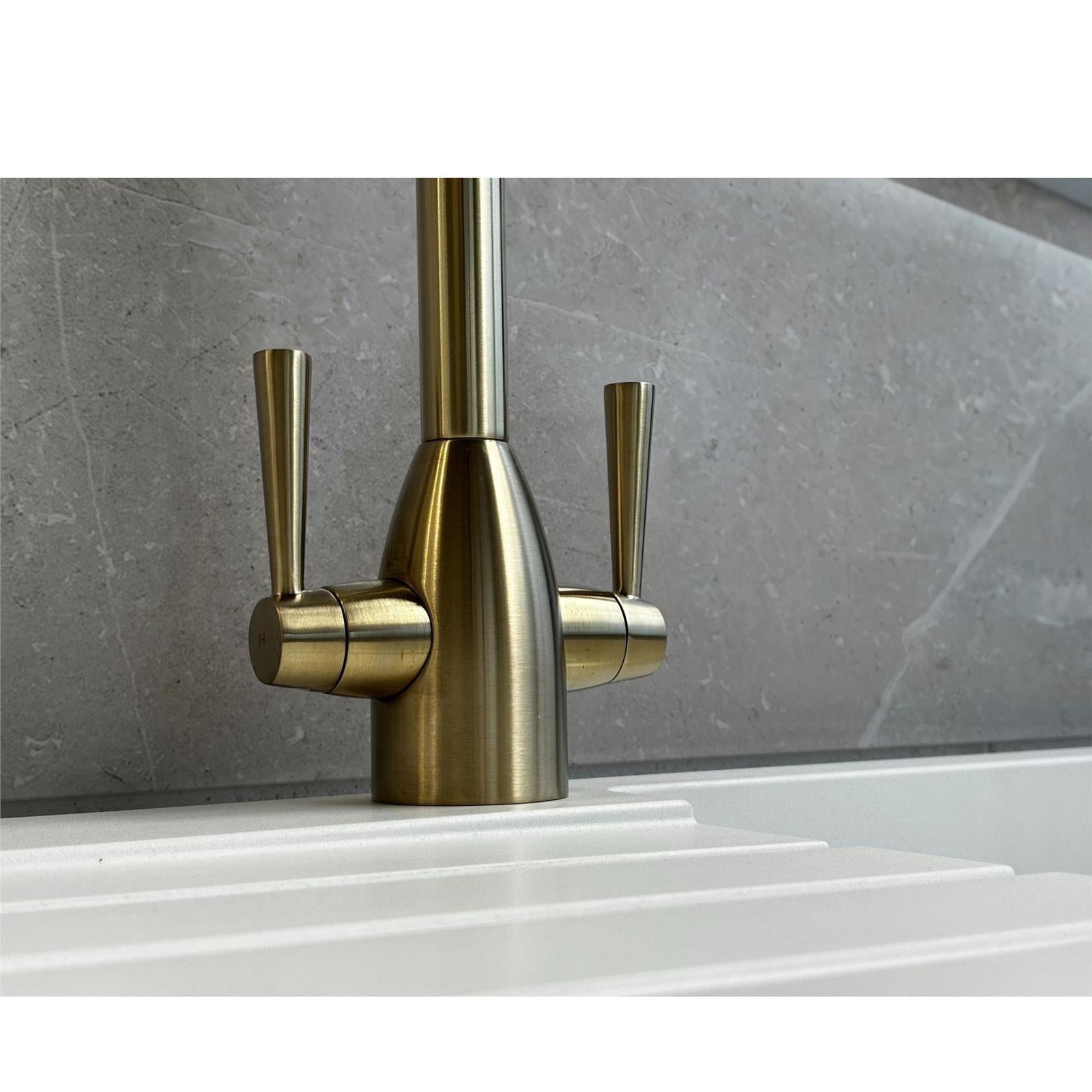 Liquida W05BG Swan Neck Monobloc Twin Lever Brushed Gold Kitchen Mixer Tap